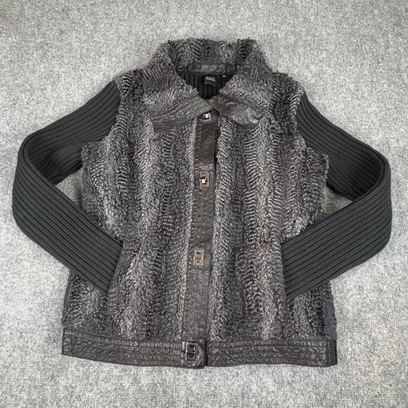 BLACK Saks Fifth Ave Jacket Medium Faux Fur Knit Back Sleeves‎ Glam Mobwife Boho - Picture 1 of 11